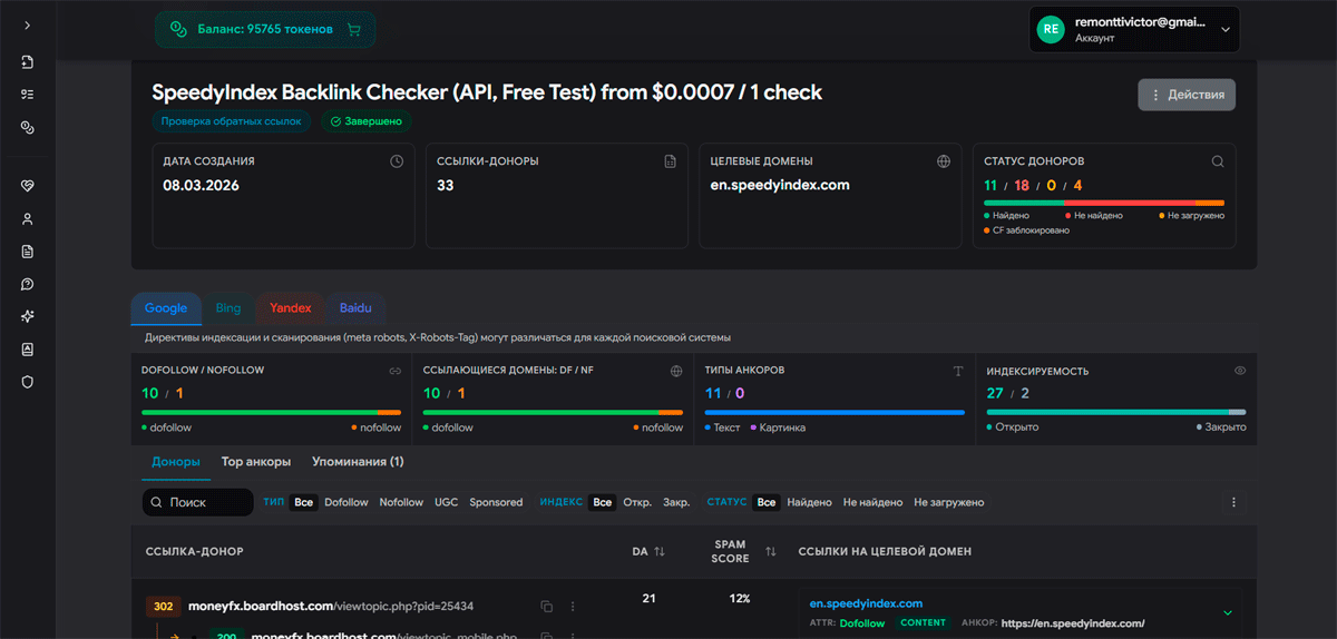 Дашборд Backlink Checker со сводкой по статусам доноров и атрибутам ссылок