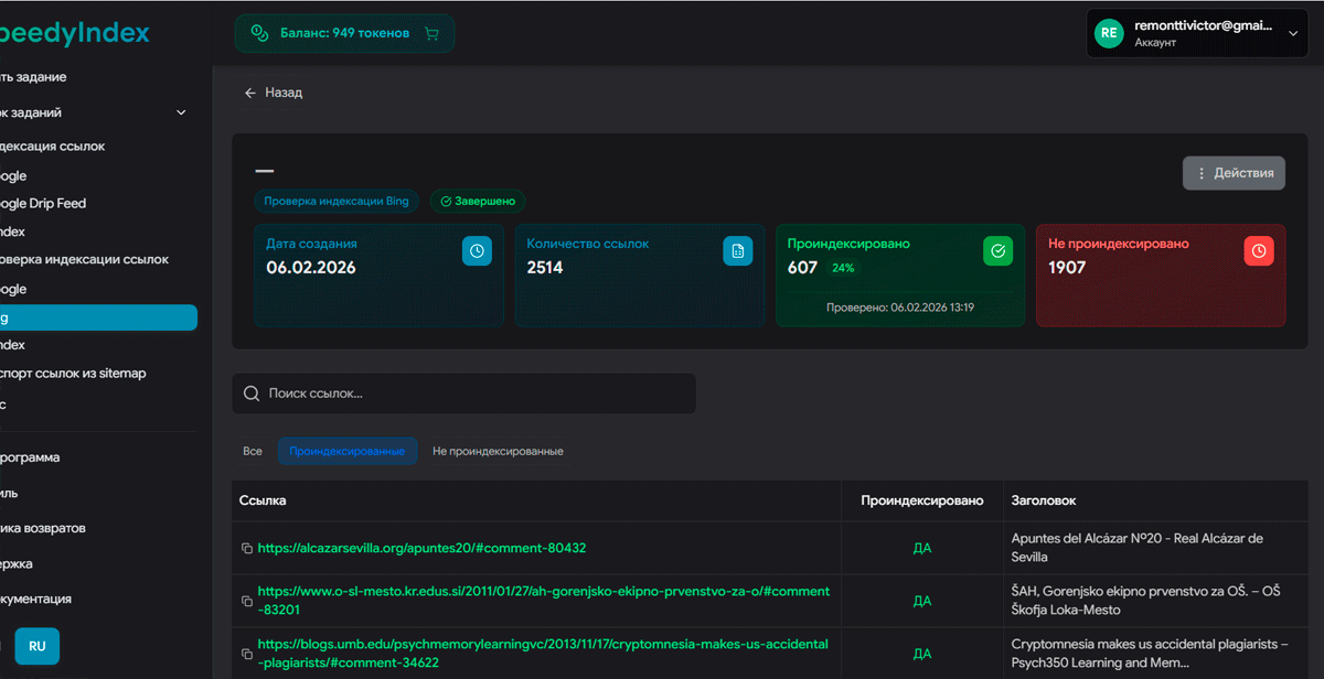 Подробный отчет индексации в личном кабинете пользователя